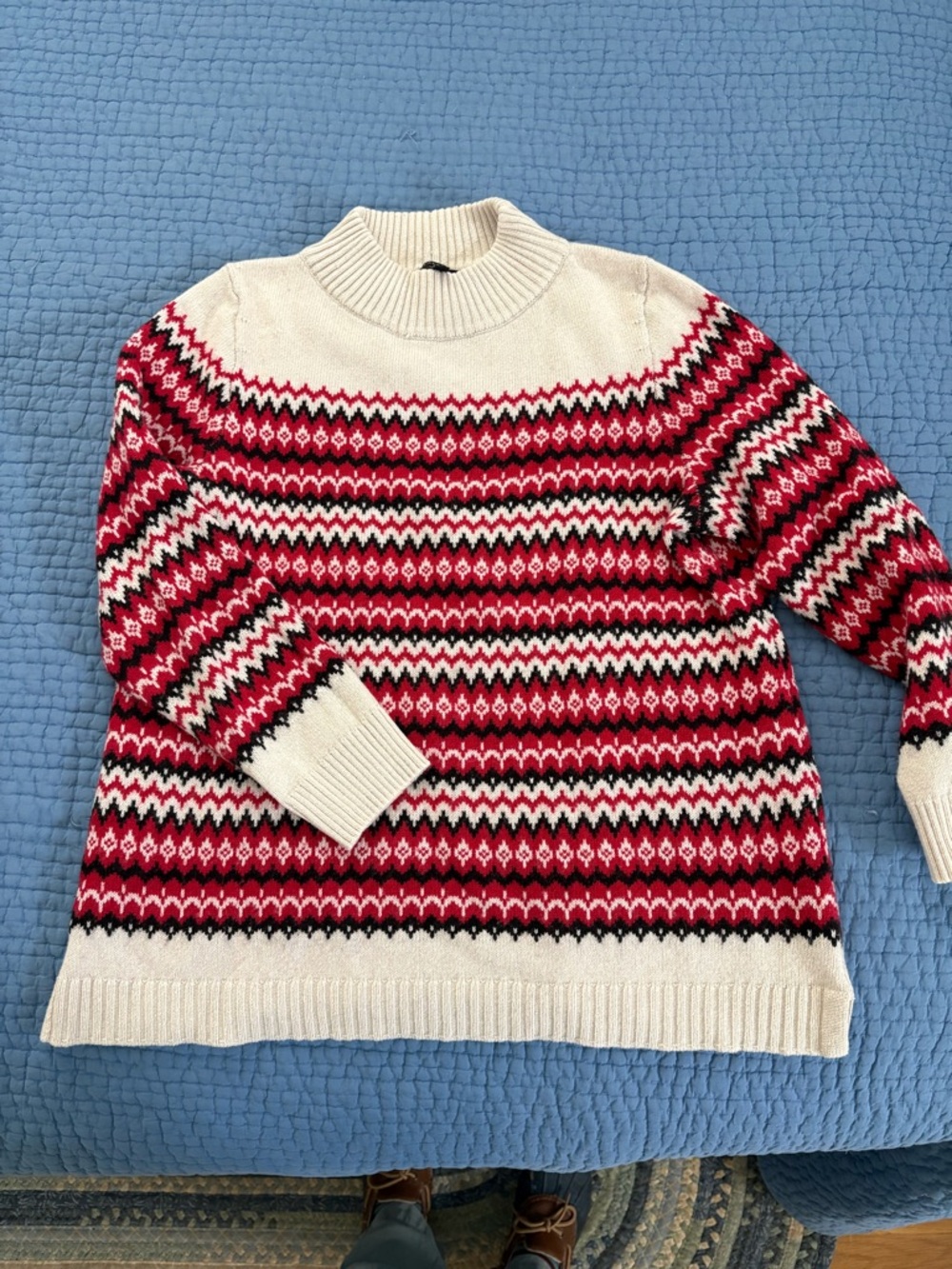 Talbots Cream, Red & Black Fair Isle Mock Neck Sweater